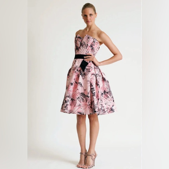 CAROLINA HERRERA 10 Silk Splash Parasol Print Strapless Cocktail Pink MADE USA - Picture 1 of 16